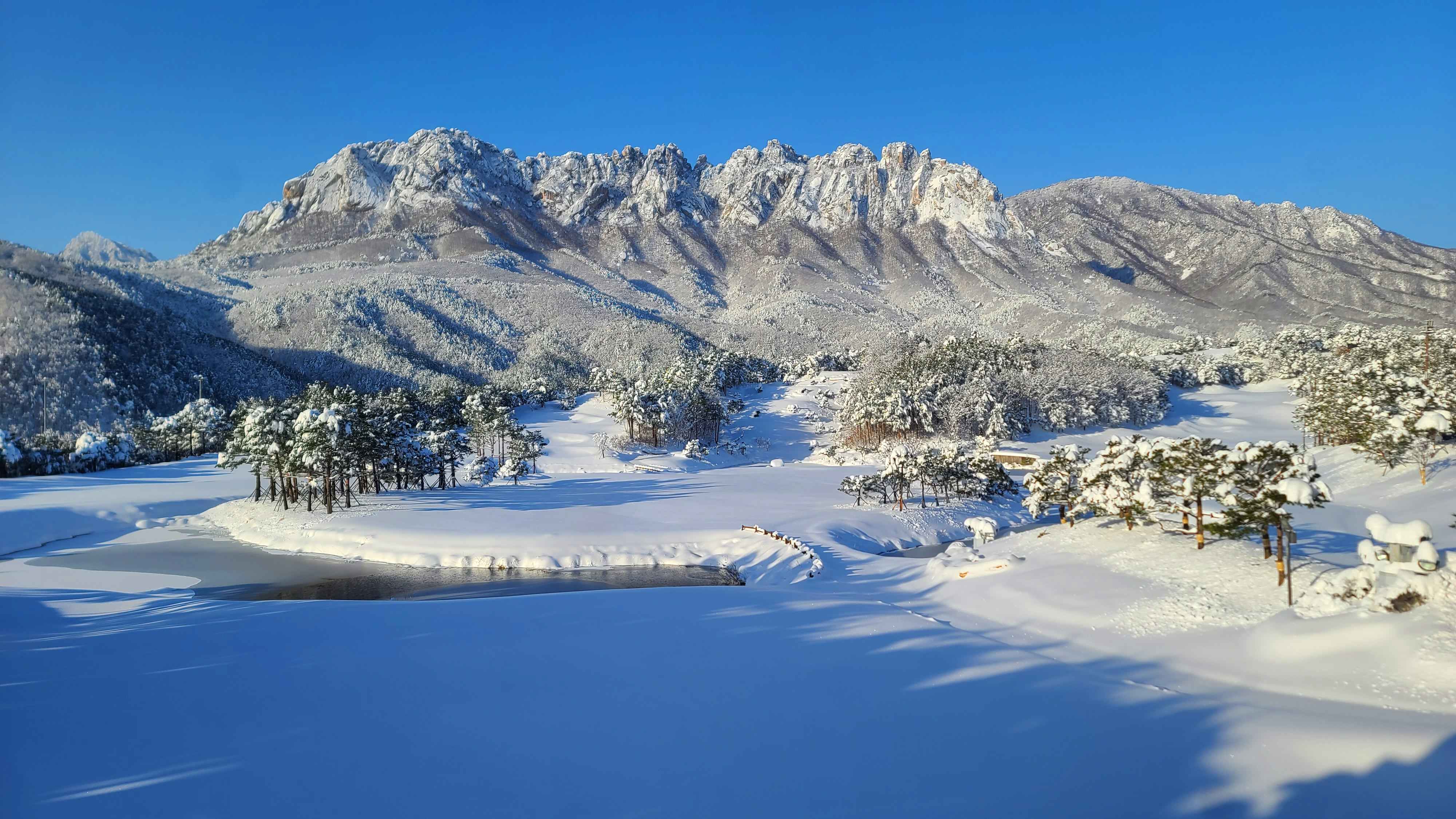 Snow-covered Ulsanbawi Rock above pines and a frozen ridge in Sokcho.